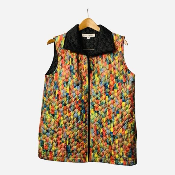 Caroline Rose Multicolor Quilted Zip Front Vest With Pockets Small - Picture 2 of 7